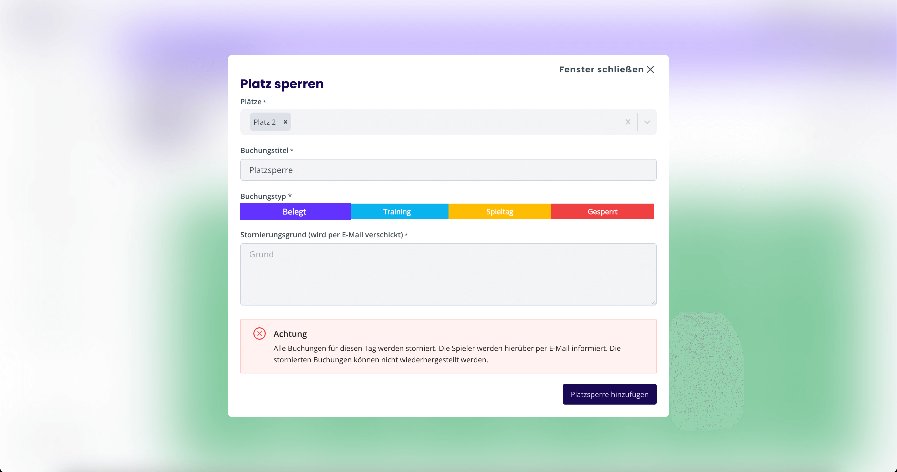 Buchungsplan Platzsperre