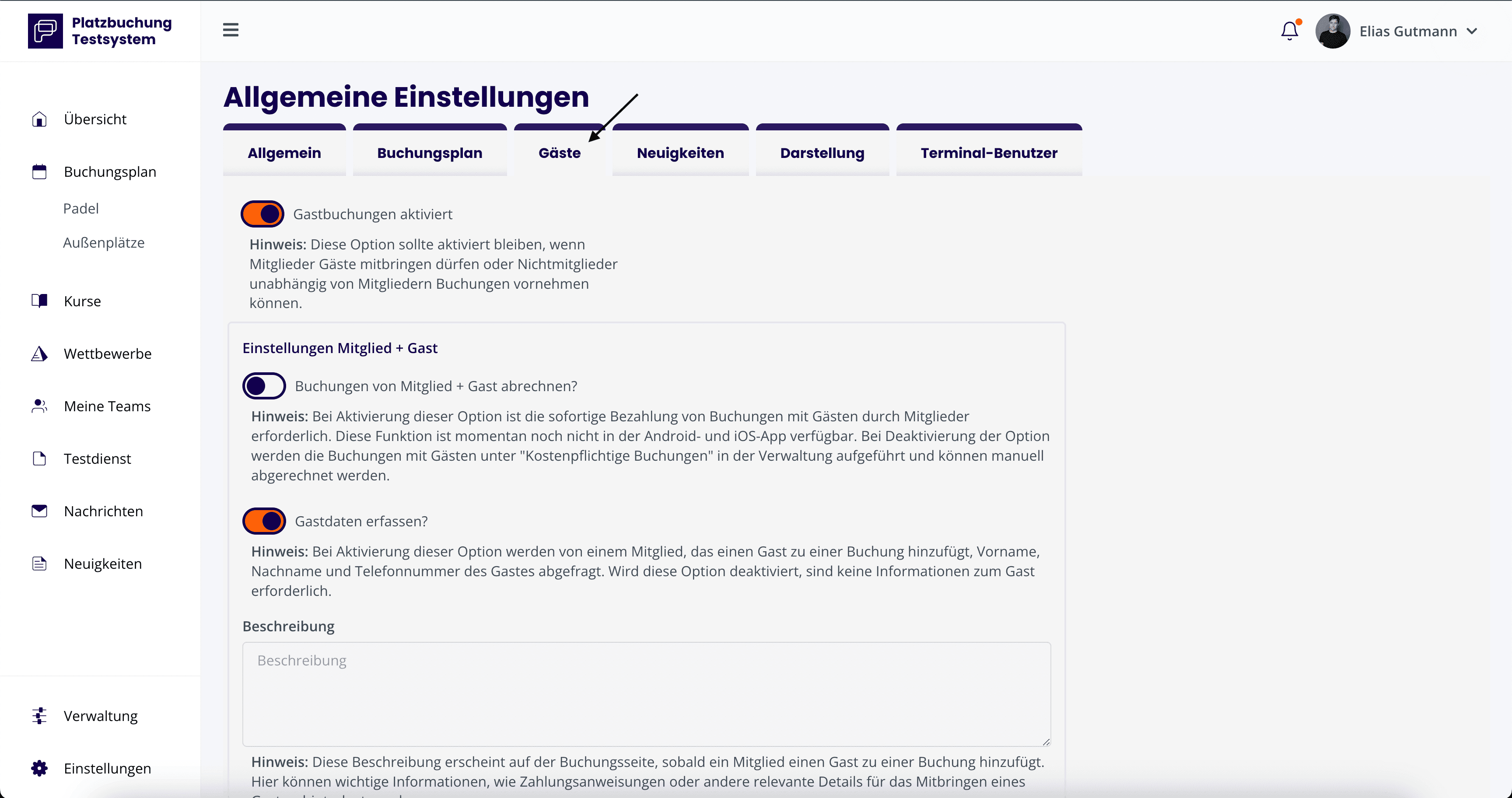 Verwaltung - Einstellungen - Gäste -  Mitglied + Gast