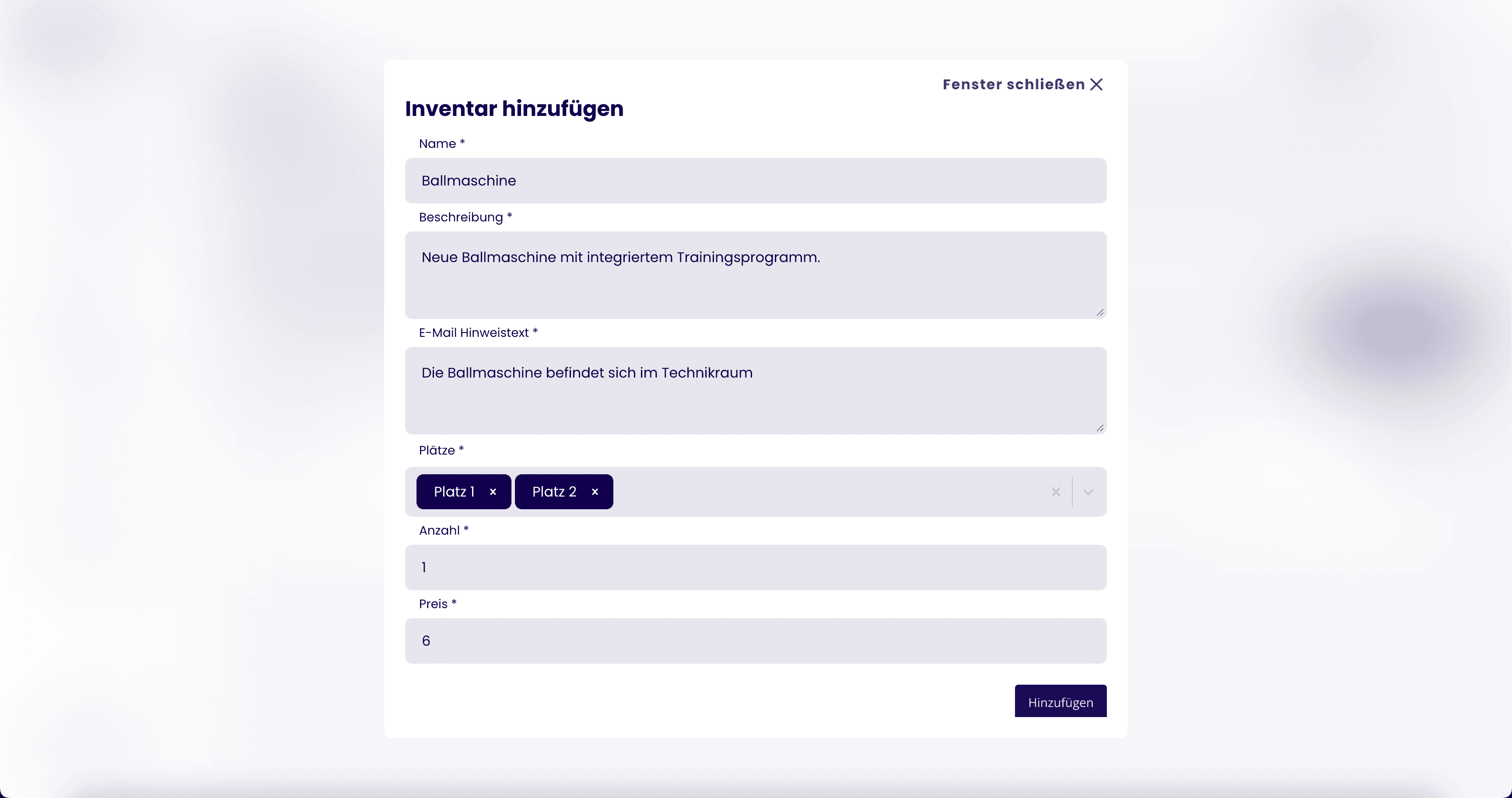 Verwaltung - Inventar - Hinzuügen