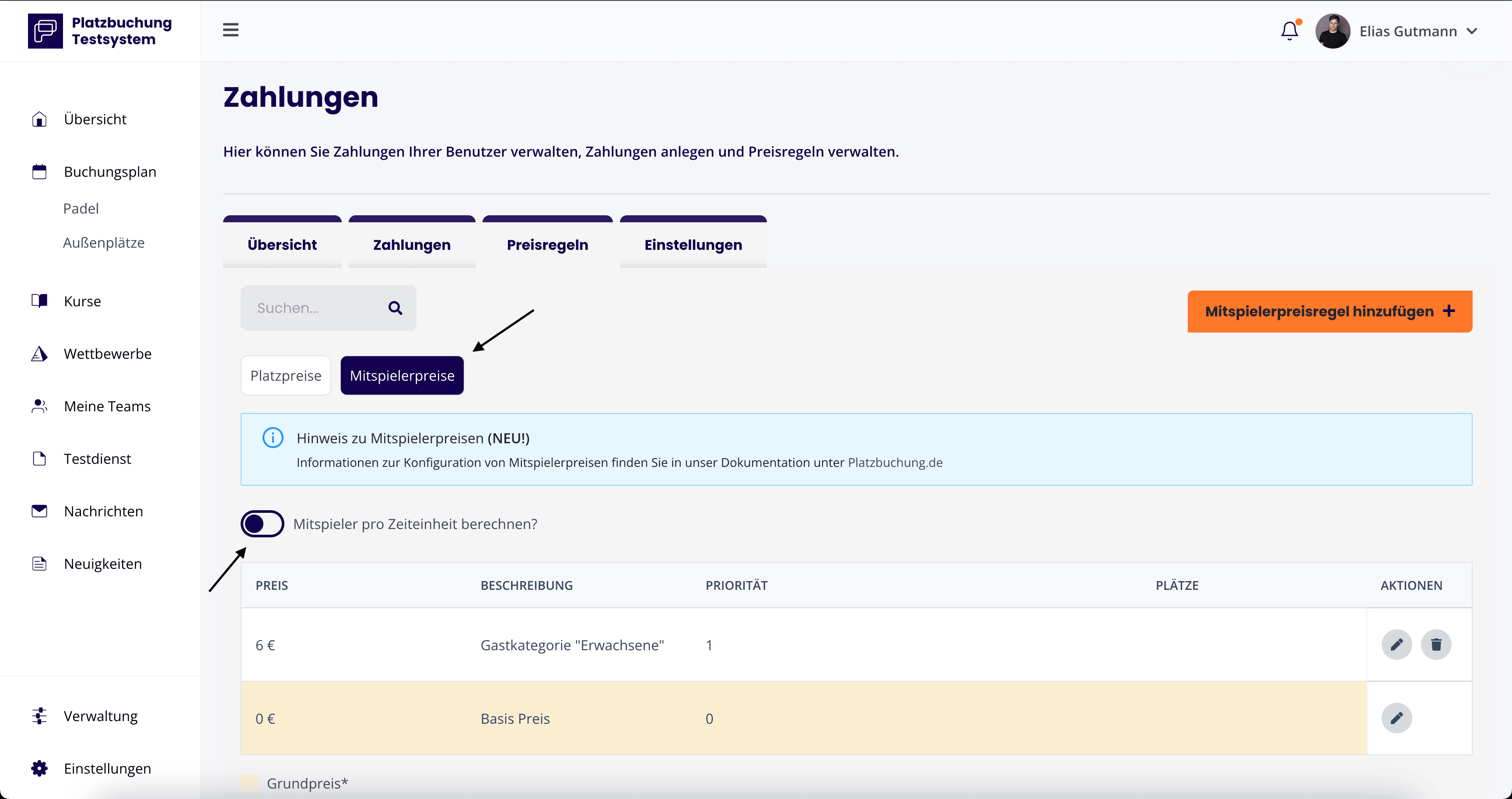 Individuelle Platzpreise - Preisregeln