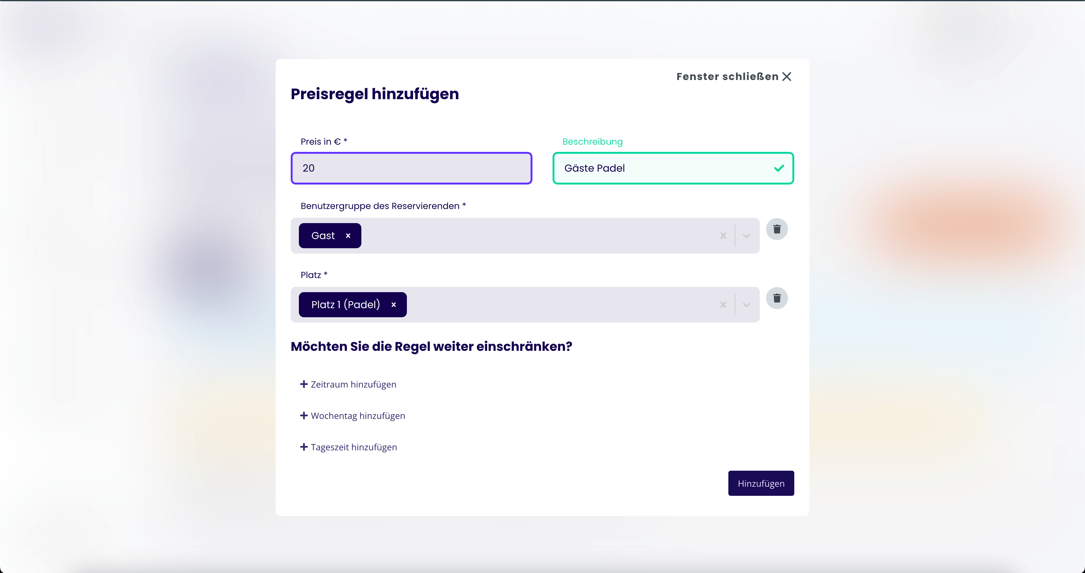 Individuelle Platzpreise - Preisregeln