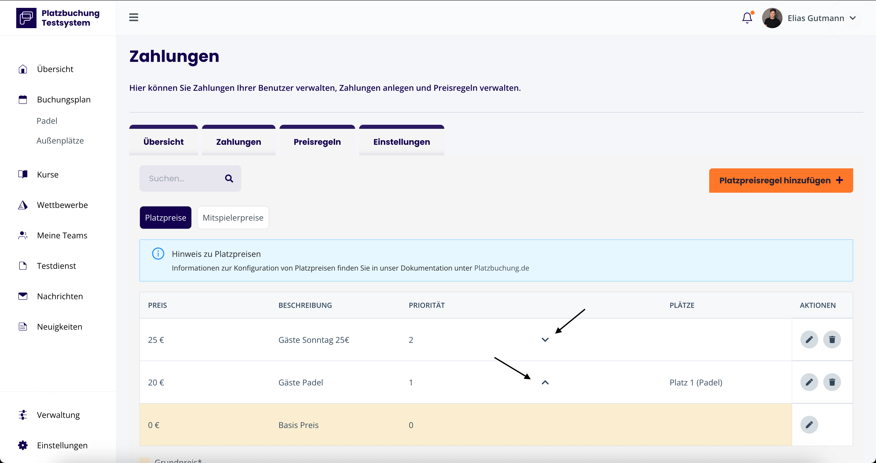 Individuelle Platzpreise - Preisregeln