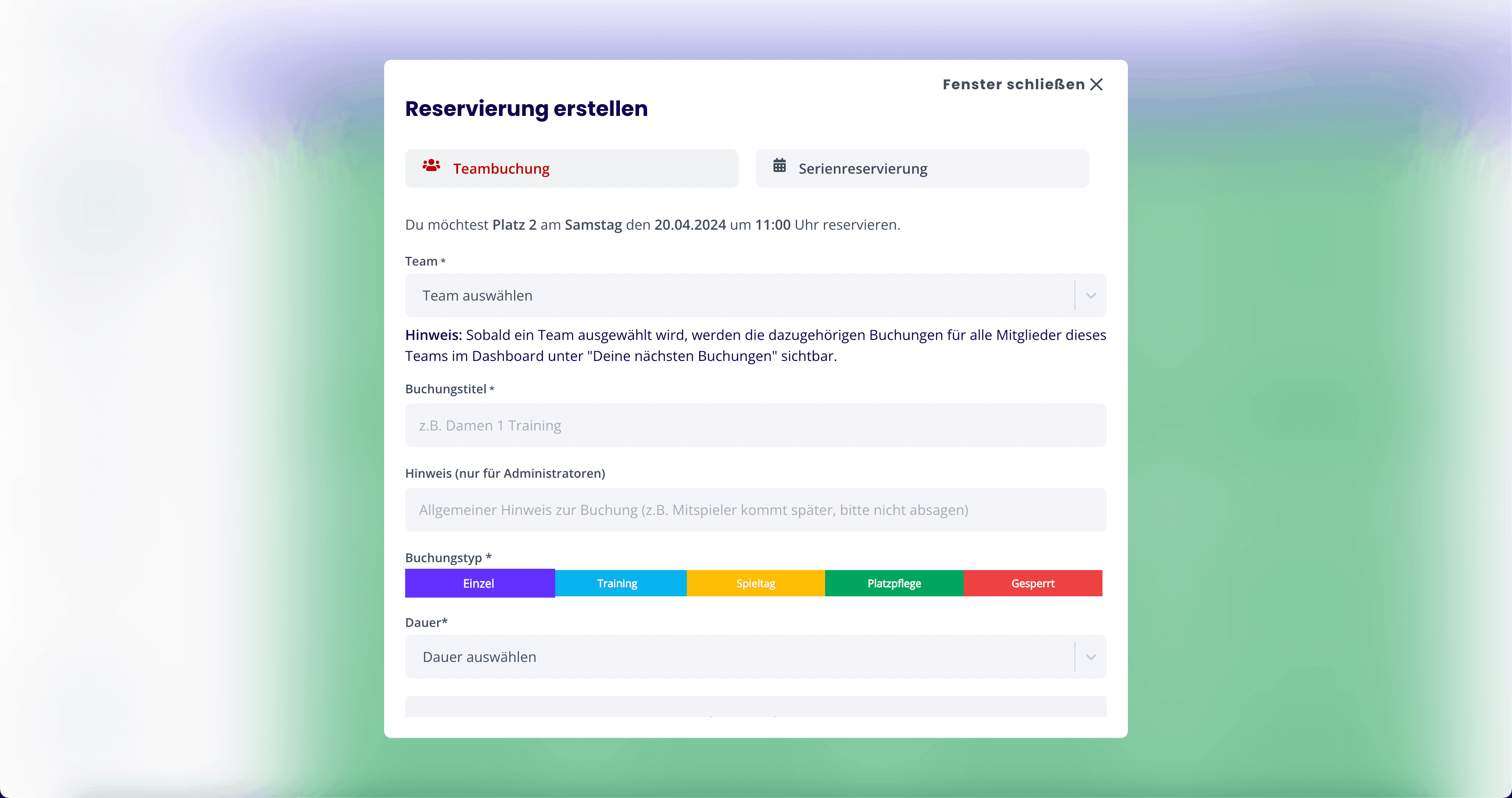 Buchungsplan - Benutzerolle - Team - Buchungen